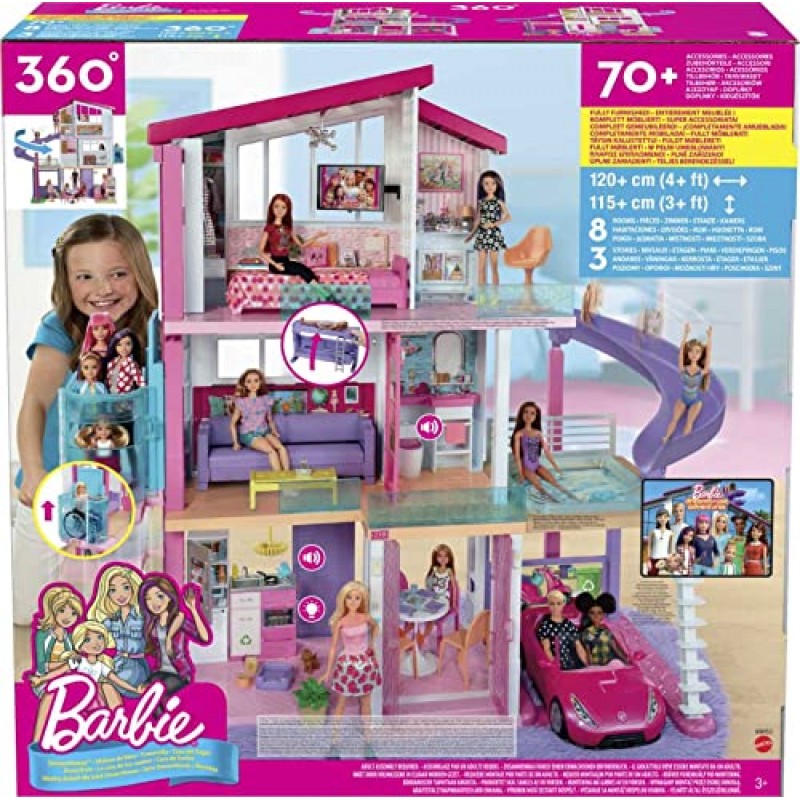 Barbie Dreamhouse, 변형 가구, 엘리베이터, 슬라이드, 조명 및 사운드를 포함한 70개 이상의 액세서리가 포함된 인형 집 플레이 세트(아마존 독점)