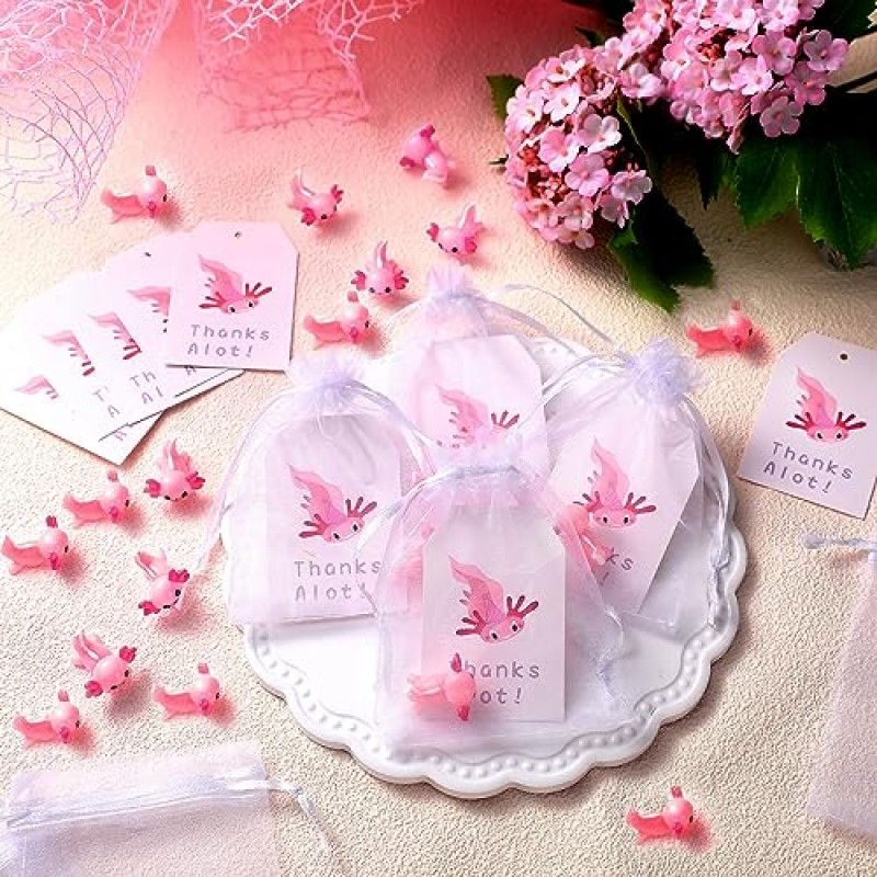 PerKoop 미니 수지 Axolotl 감사 카드 흰색 Organza Drawstring 선물 가방 Axolotl 장난감 DIY 공예 미니 수지 피규어 Axolotl 파티 장식 인형 집 장식품 생일 파티 (24 세트)