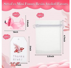 PerKoop 미니 수지 Axolotl 감사 카드 흰색 Organza Drawstring 선물 가방 Axolotl 장난감 DIY 공예 미니 수지 피규어 Axolotl 파티 장식 인형 집 장식품 생일 파티 (24 세트)