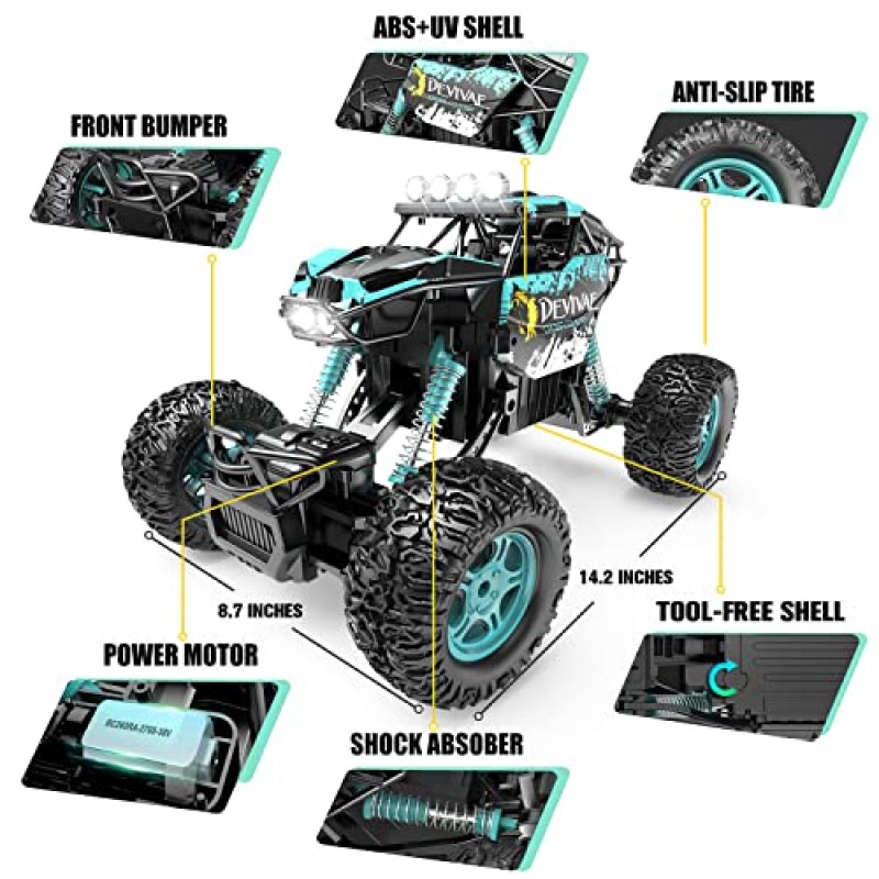 CROBOLL 1:12 리프팅 기능이 있는 소년 어린이용 대형 원격 제어 자동차, 4WD RC 자동차 전기 몬스터 트럭 장난감 선물 4X4 오프로드 RC 락 크롤러 2.4GHz 전지 2개가 포함된 모든 지형 RC 트럭(청록색)