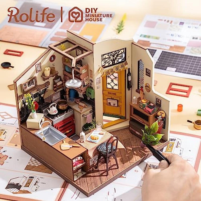 Rolife DIY 미니어처 하우스 키트 아늑한 주방, 미니 하우스 만들기 키트 성인이 지을 수 있는 모델 하우스, 조명이 있는 미니어처 룸 키트, DIY 공예품/선물/가족과 친구들을 위한 홈 데코(아늑한 주방)