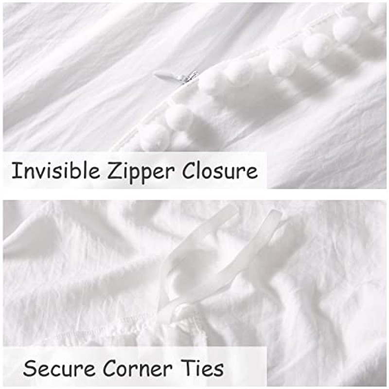 흰색 이불 커버 퀸사이즈, 3개 보호 폼폼 프린지 포함 소프트 워시 마이크로파이버 이불 커버 세트, 흰색, 90x90인치