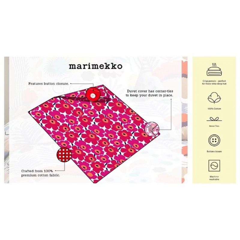 MARIMEKKO - 퀸 이불 커버 세트, 버튼 여밈 및 어울리는 샴이 있는 면 양면 침구, 세련된 꽃무늬 홈 장식(Pieni Unikko 라이트 블루, 퀸)