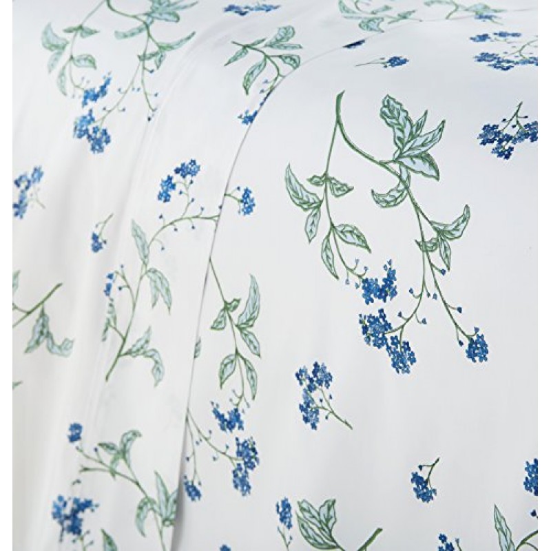 Southshore Fine Linens - BRITEYARN - Myosotis Scorpiodes 프린트 - 300 TC 100% 면 이불 커버 세트, 화이트, 풀/퀸