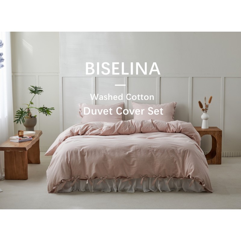 BISELINA 100% 워시드 면 이불 커버 세트 2개 리본 매듭 끈 스트랩 솔리드 컬러 리넨 같은 질감의 내구성 통기성 부드럽고 편안하고 시크한 침구(트윈, 시나몬)