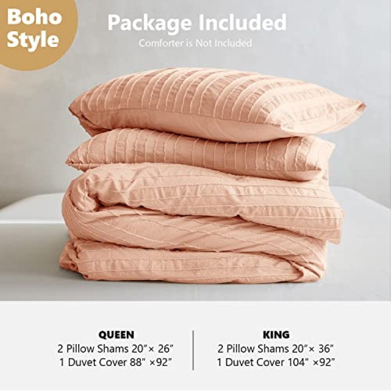 BISELINA Boho 이불 커버 세트 3PCS 줄무늬 터프 트 질감 기하학 패턴 마이크로 화이버 초라한 시크 지퍼 잠금 장치가있는 부드러운 홈 침구 - 핑크, 퀸 사이즈