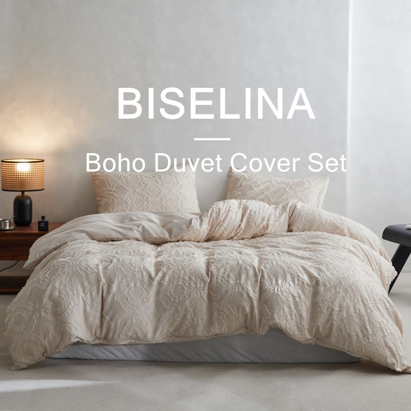 BISELINA Boho 이불 커버 세트 3PCS 줄무늬 터프 트 질감 기하학 패턴 마이크로 화이버 초라한 시크 지퍼 잠금 장치가있는 부드러운 홈 침구 - 핑크, 퀸 사이즈