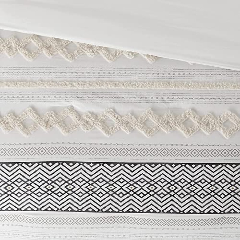 하이드 레인 농가 침구 이불 세트, 아이보리 풀/퀸 사이즈 보호 침대 세트, 현대적인 중립 스타일의 잘린 자카드 줄무늬가 있는 면 탑, 베개 샴(90x90인치) 포함 3개
