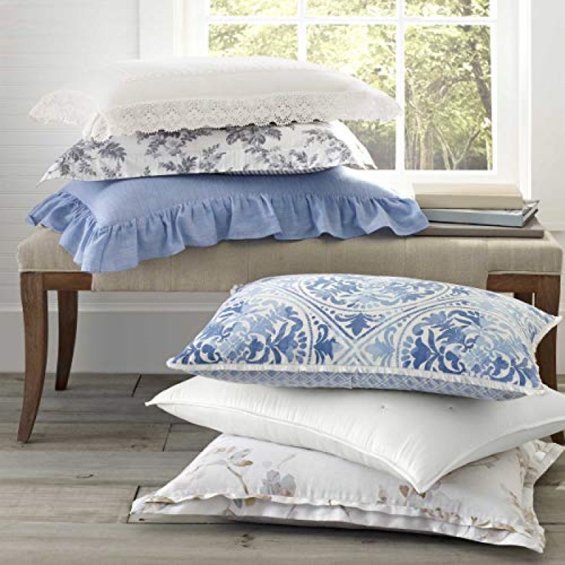 Laura Ashley 이불 세트 양면 면 침구, 어울리는 샴, 사계절 내내 사용할 수 있는 세련된 홈 데코, 퀸(1팩), 블루