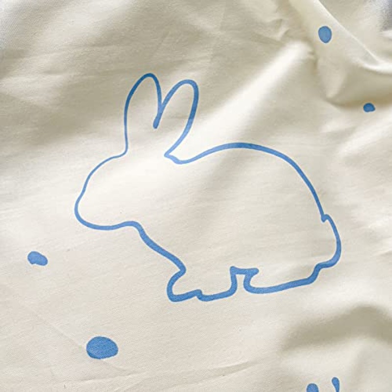BlueBlue 토끼 어린이 이불 커버 세트 트윈, 소년 소녀 청소년을 위한 100% 면 침구, 흰색 만화 토끼 블루 하트, 귀여운 카와이 이불 커버 2개 베개 커버(트윈, 토끼 블루)