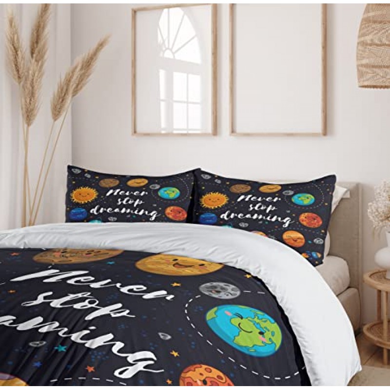 Ambesonne 말하는 이불 커버 세트, 우주 행성 성단 태양계 달 혜성 태양 코스모스 그림, 장식용 2피스 침구 세트(베개 샴 1개 포함), 트윈 사이즈, 네이비 오렌지