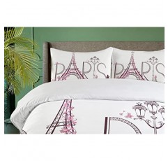 Ambesonne Paris 이불 커버 세트, 파리 레터링이 있는 에펠탑 커플 여행 꽃 꽃무늬 프린트, 장식용 2피스 침구 세트(베개 샴 1개 포함), 트윈 사이즈, 핑크 자두