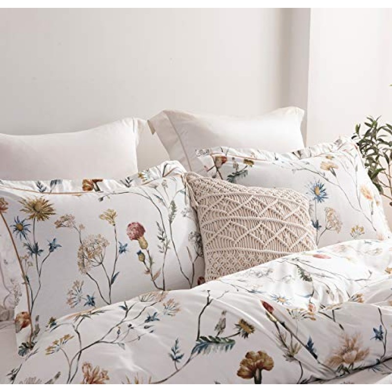 SLEEPBELLA 이불 커버 퀸 사이즈, 600수 면 옐로우 & 블루 꽃 프린트 미색 럭셔리 꽃무늬 이불 커버 세트, 침구 세트 3개 (퀸, 화이트 꽃무늬)