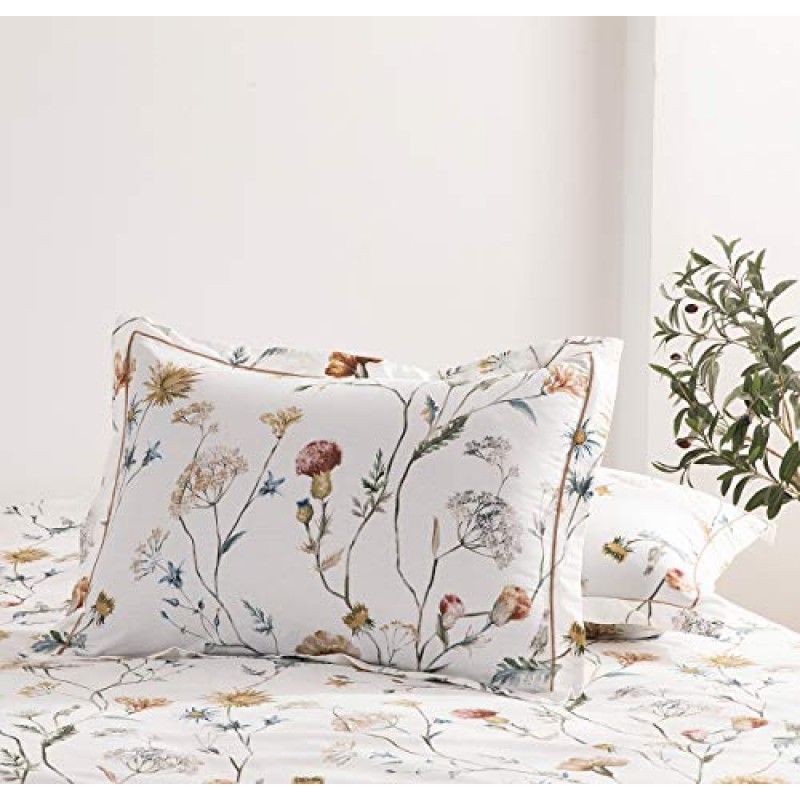 SLEEPBELLA 이불 커버 퀸 사이즈, 600수 면 옐로우 & 블루 꽃 프린트 미색 럭셔리 꽃무늬 이불 커버 세트, 침구 세트 3개 (퀸, 화이트 꽃무늬)