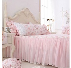 LELVA 로맨틱 장미 프린트 이불 커버 세트 침대 스커트 핑크 레이스 프릴 꽃 초라한 세련된 침구 세트 전체 4 피스