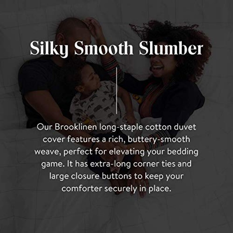 Brooklinen 럭셔리 새틴 이불 커버 - 면 100%, 흰색 풀/퀸 사이즈, 매우 긴 코너 타이 및 버튼 여밈| 최고의 럭셔리 시트