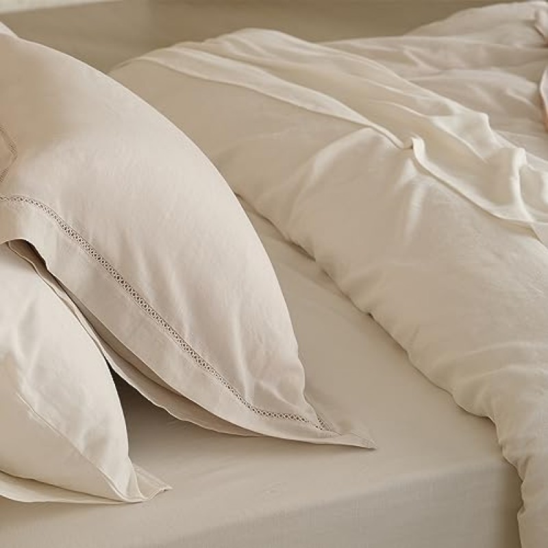 더블 스티치 by Bedsure Linen 리오셀 이불 커버 세트 - 통기성 이불 커버 퀸, 천연 고급 침구 세트, 집들이 선물로 딱, 이불 커버 1개, 샴 2개, 귀리