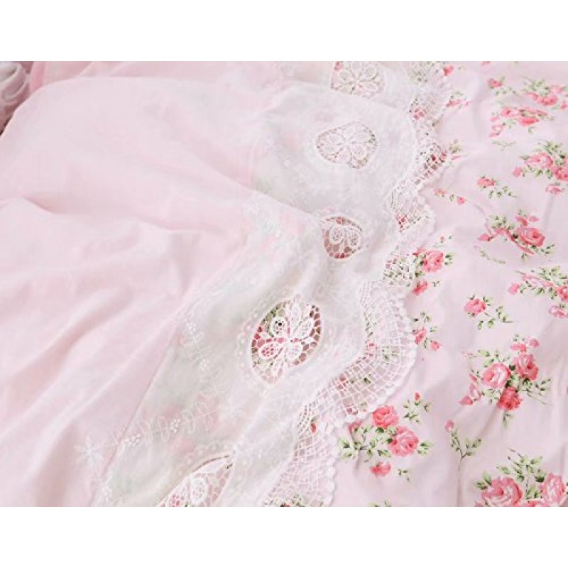 LELVA 로맨틱 장미 프린트 이불 커버 세트 침대 스커트 핑크 레이스 프릴 꽃 초라한 세련된 침구 세트 퀸 4 피스