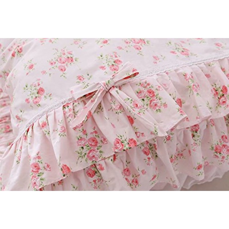 LELVA 로맨틱 장미 프린트 이불 커버 세트 침대 스커트 핑크 레이스 프릴 꽃 초라한 세련된 침구 세트 퀸 4 피스
