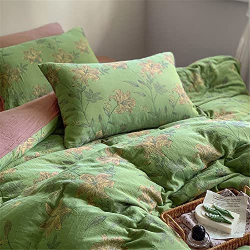 VM VOUGEMARKET 리넨 코튼 자카드 이불 커버 퀸, 3 Pcs 원사 염색 질감 이불 커버 세트 녹색 보라색 꽃 무늬 침구 통기성, 자연스러운 주름진 모양
