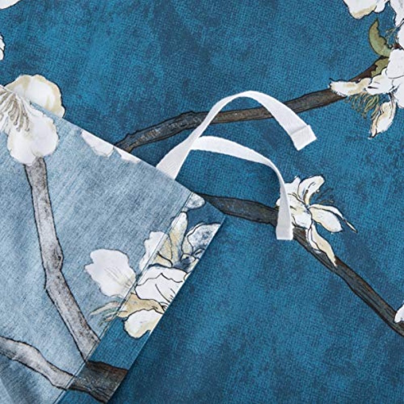 Eikei 아몬드 나무 꽃 꽃 이불 커버 Chinoiserie 세련된 스타일 피는 나무 덩굴과 가지 긴 스테이플 면 3피스 침구 세트 아시아 정원(프러시안 블루, 퀸)