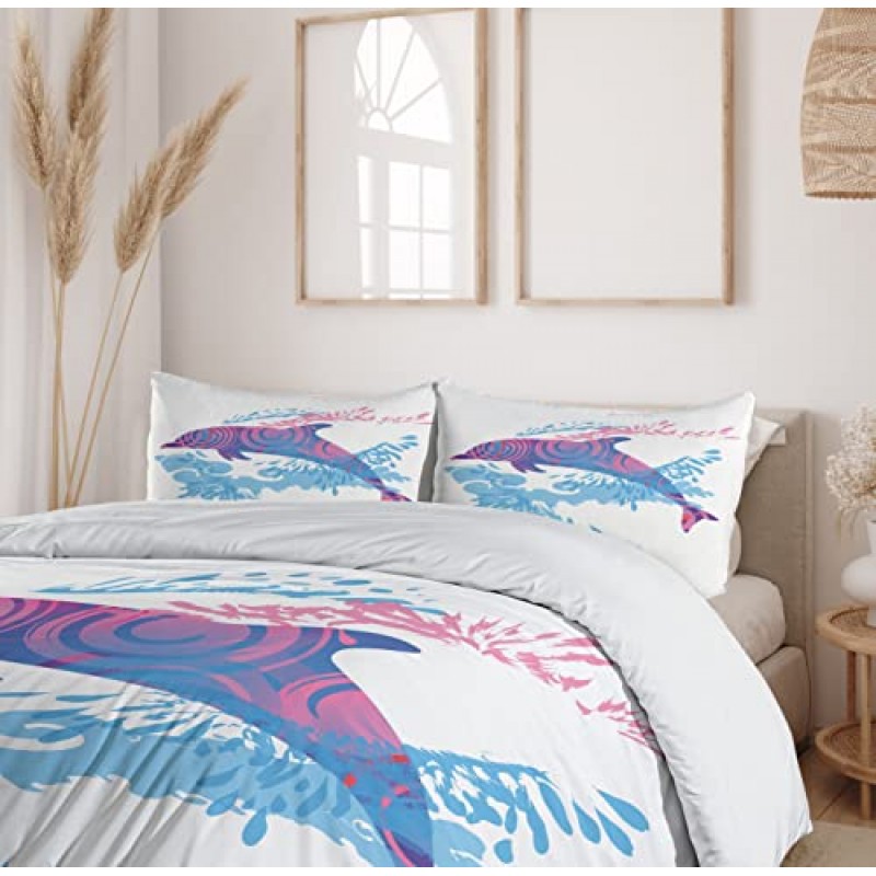 Ambesonne 바다 동물 이불 커버 세트, 돌고래 다채로운 패턴 수중 해양 생물 그림, 장식용 2피스 침구 세트(베개 샴 1개 포함), 트윈 사이즈, 파란색 보라색