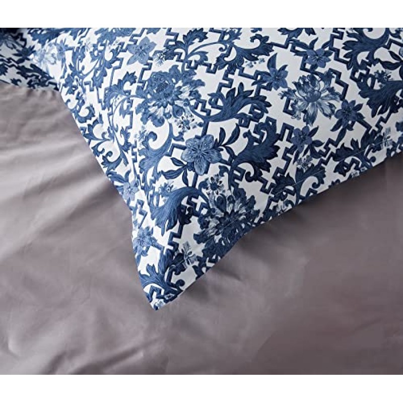 빈티지 포르투갈 타일 Azulejos 고급 이불 커버 스페인 메달리온 페인팅 도자기 흰색 파란색 패턴 모자이크 격자 및 꽃 면 침구 세트 (도자기 네이비, 퀸)