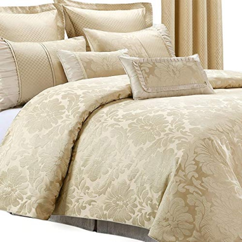 Wholesalebeddings Sara Jacquard Cotton Blend, King-California King 7PC 커버 세트, 베이지 멀티 톤