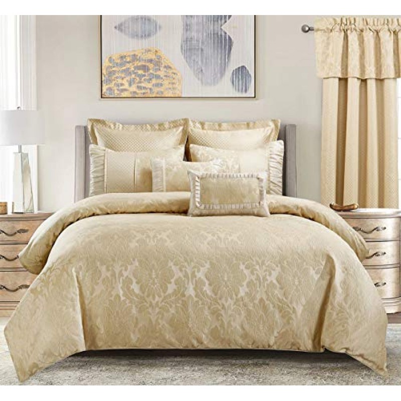 Wholesalebeddings Sara Jacquard Cotton Blend, King-California King 7PC 커버 세트, 베이지 멀티 톤