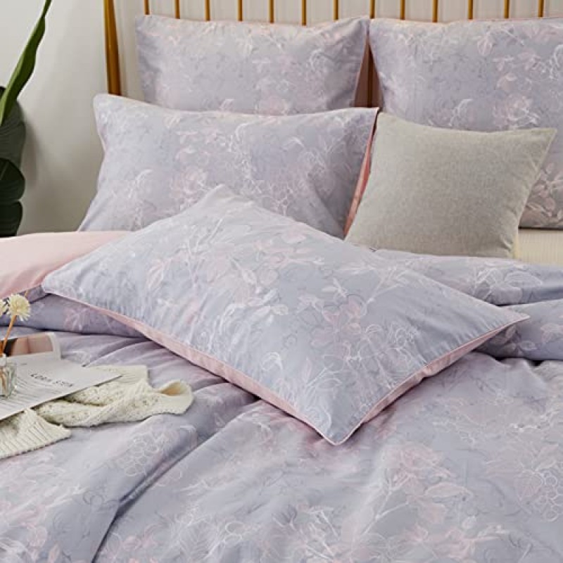 Perkily 블러쉬 핑크 침구 세트 꽃 무늬 이불 커버 세트 퀸 사이즈 100% 면 600 TC 부드러운 침구 꽃 뒤집을 수 있는 5개 + 베개 커버 4개