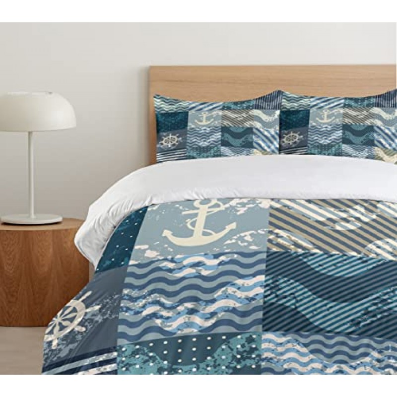 Ambesonne 해상 이불 커버 세트, 패치워크 스타일 상자의 해양 테마 물결 패턴 사각형 줄무늬 앵커 프린트, 장식용 3피스 침구 세트(베개 샴 2개 포함), 퀸 사이즈, 블루 베이지