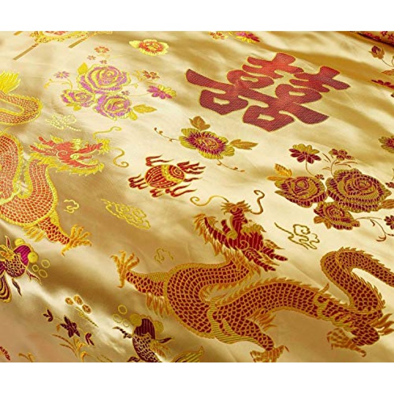 Norson 중국어 번체 노란색 시트 아시아 침구 여왕 드래곤과 피닉스 버드 자수 이불 커버 세트 4pcs