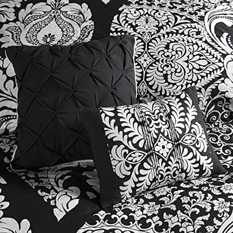 매디슨 파크 비엔나 면 폴리 혼방 이불 세트 현대적인 디자인, 프린트된 다마스크 디자인, 이불 침구용 올 시즌 커버, 어울리는 샴, 장식 베개 풀/퀸 블랙 6피스
