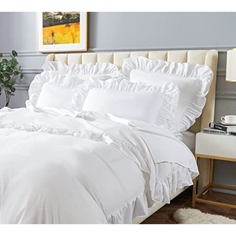DAUAOTO 퀸 이불 커버 세트 면, 흰색 침구 장식 로맨틱 러플, 3개 세트 - 90