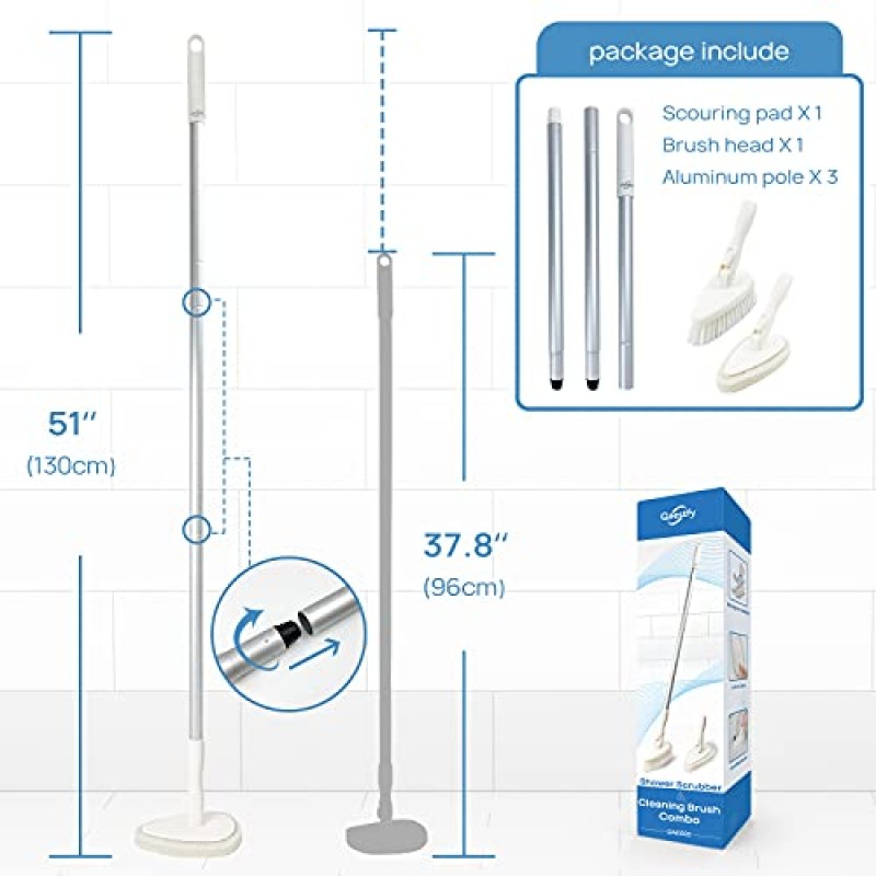 Qaestfy 샤워 수세미 청소 브러시 ​​콤보 욕조 욕조 타일 청소기 수세미 브러시 51' 조정 가능한 긴 손잡이 수세미 욕실 샤워 욕조 벽 걸레 청소 수세미