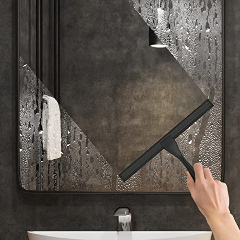 2개의 접착 후크가 있는 샤워 문용 다목적 스테인레스 스틸 샤워 스퀴지, 욕실 청소기 도구 가정용 창 거울 스퀴지, 유리 문, 타일 벽, 자동차, 12인치 검정색