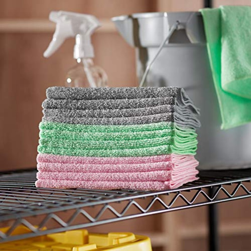 Amazon Basics 극세사 청소용 천, 비연마성, 재사용 및 세탁 가능, 24개 팩, 녹색/회색/분홍색, 16