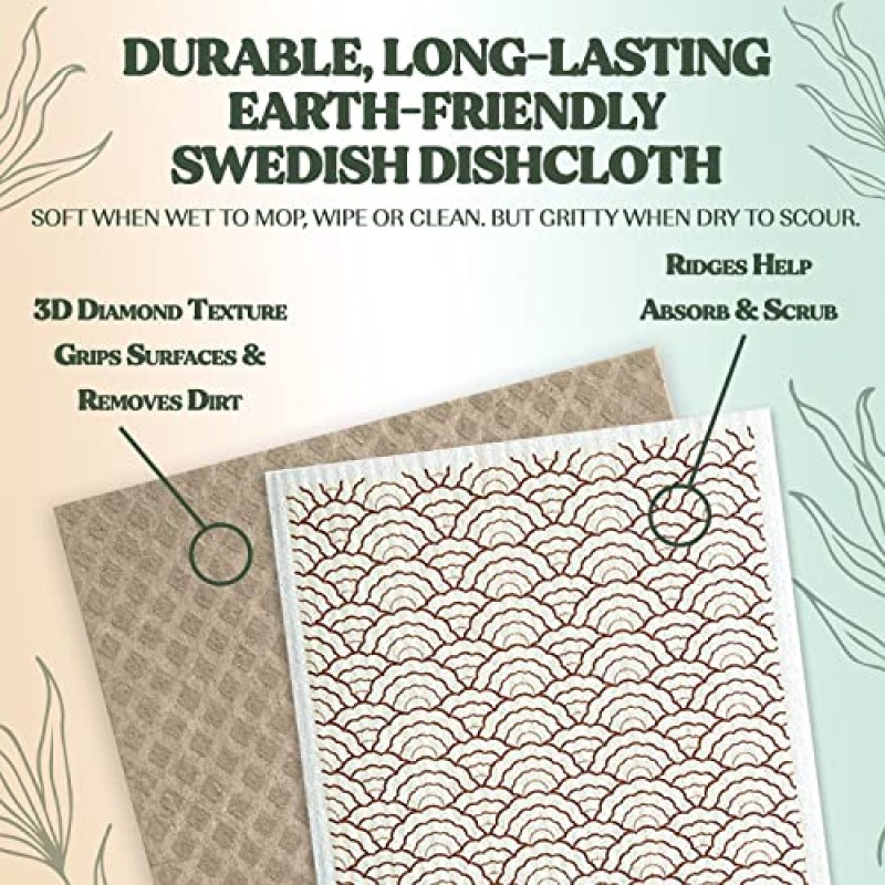 FEBU 스웨덴 주방용 행주 | 동부 스웨덴 접시 타월 5팩 | 재사용 가능한 종이 타월 세탁 가능 | 긁힘 방지 셀룰로오스 스폰지 천 | 냄새 없음, 생분해성, 스웨덴 옷감