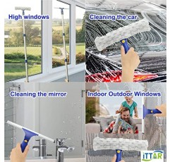 ITTAR 창 클리너 확장 가능한 3 섹션 스테인레스 스틸 폴이 있는 회전식 스퀴지 및 마이크로 화이버 스크러버, 샤워 유리 도어, 자동차 앞 유리용 마이크로 화이버 패드 2개가 있는 창 청소 도구