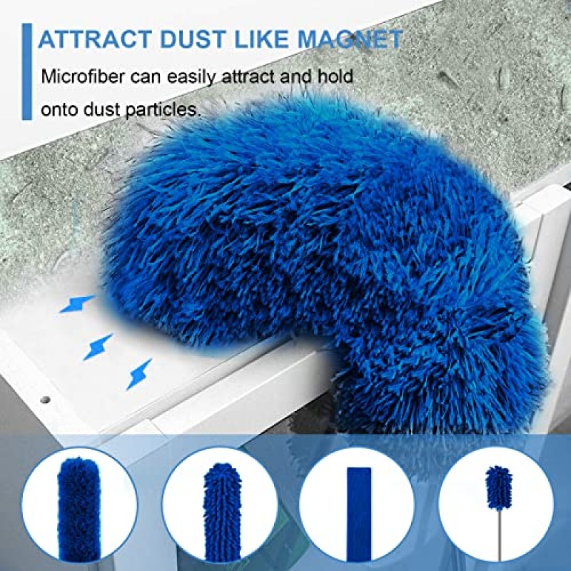 청소용 업그레이드된 먼지떨이(6개), 100인치 두꺼운 연장 폴이 있는 천장 팬 먼지떨이, 높은 천장을 위한 확장 가능한 긴 극세사 먼지떨이, OOSOFITT Blue의 재사용 및 세척 가능한 먼지 제거 막대