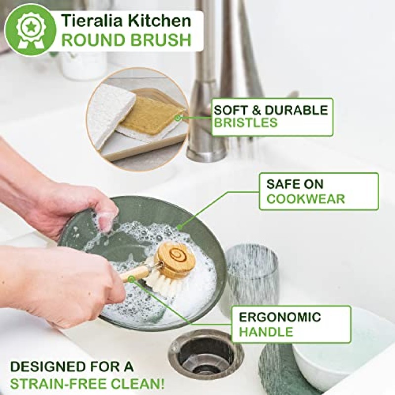 Tieralia 5피스 친환경 대나무 접시 브러쉬 세트(퇴비화 가능한 목재 펄프 스폰지 포함) | 대나무 접시 브러쉬 주방 청소 세트 | 접시 브러쉬 세트 | 접시 솔