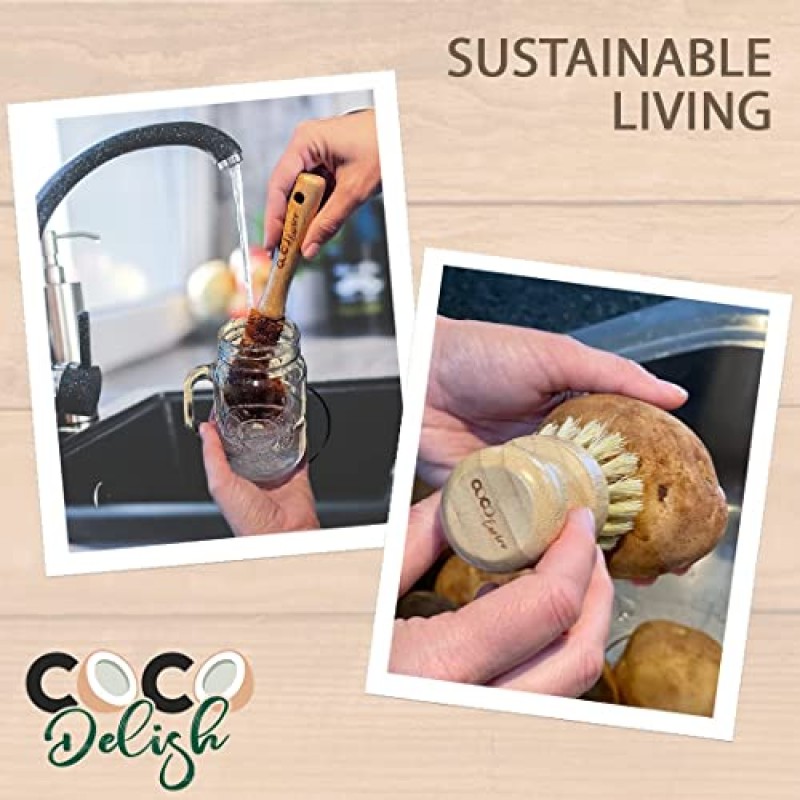Coco Enviro 천연 대나무 접시 청소 브러쉬 8개 세트 - 친환경 병 브러쉬 접시 스크럽 - 지속 가능한 청소 도구 - 접시 브러쉬