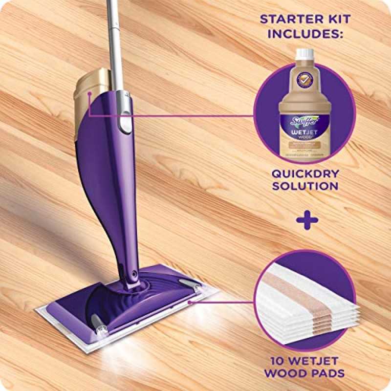 Swiffer WetJet 목재 바닥 걸레질 및 청소 스타터 키트, 다용도 바닥 청소 제품, 걸레 1개, 패드 10개, 청소 용액, 배터리