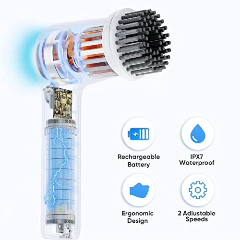 ADDPLUS 슈퍼 전기 스핀 스크러버, 욕조/타일/싱크대/바닥/창 청소용 충전식 욕실 스크러버 및 무선 샤워 스크러버 丨 교체 가능한 청소 브러시 ​​헤드 4개가 포함된 전동 스크러버