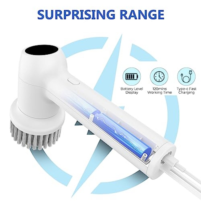 전기 스핀 스크러버 무선 욕조 및 타일 스크러버, 교체 가능한 헤드 5개로 청소용 샤워 스크러버, 욕실 바닥 창 주방 싱크대 냄비용 스크럽 브러시 클리너, 휴대용 전동 스크러버