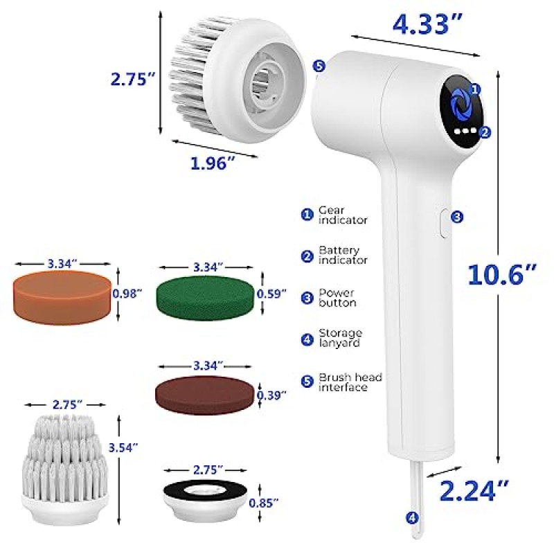 전기 스핀 스크러버 무선 욕조 및 타일 스크러버, 교체 가능한 헤드 5개로 청소용 샤워 스크러버, 욕실 바닥 창 주방 싱크대 냄비용 스크럽 브러시 클리너, 휴대용 전동 스크러버