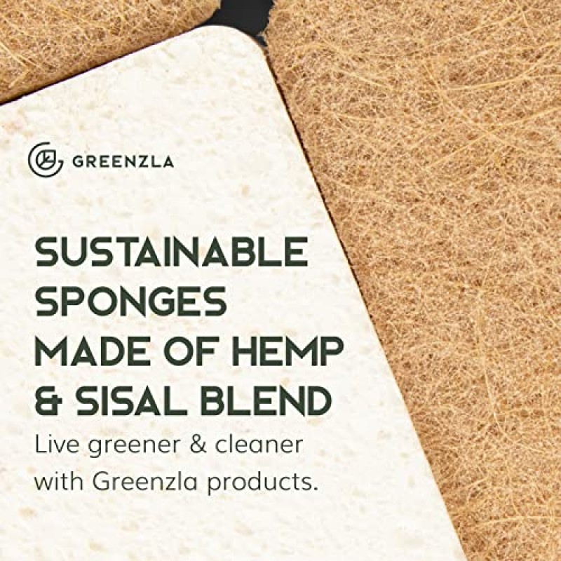 Greenzla 천연 스폰지 12팩 - 지속 가능한 삶을 위한 친환경 주방 스폰지 - 생분해성 대마/사이잘 식물 기반 재사용 가능한 청소 접시 스폰지
