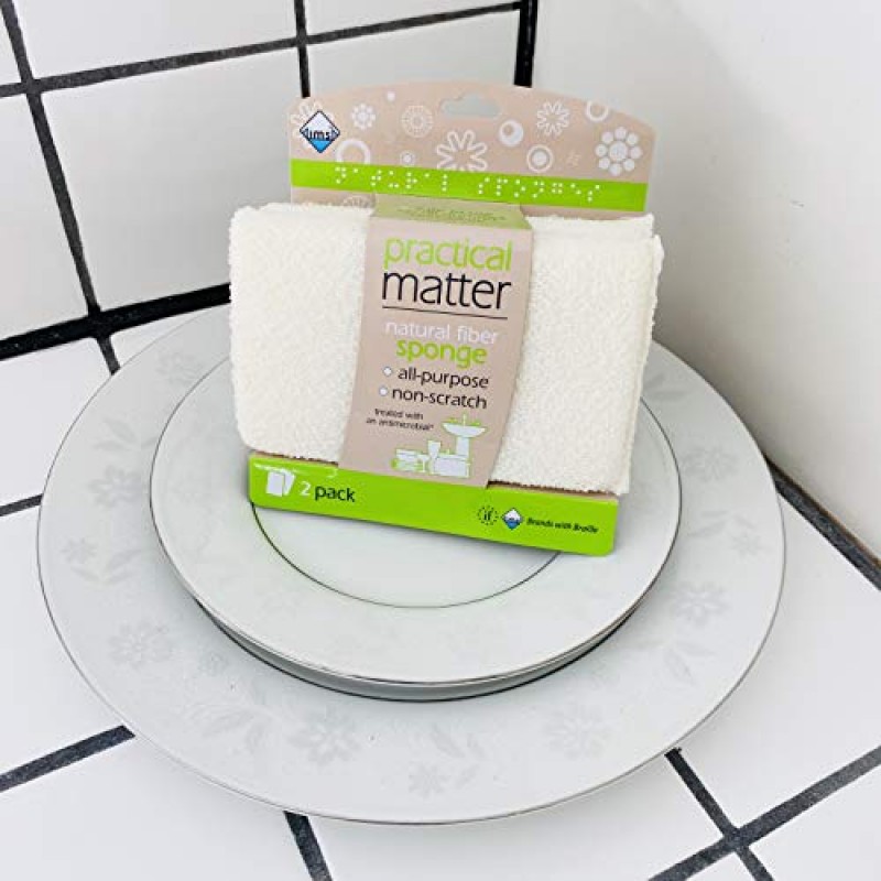 Practical Matter 주방 스폰지, 설거지 및 모든 표면 청소를 위한 유기농 면 섬유 다용도 접시 스폰지, 내구성이 뛰어난 긁힘 방지 스크럽, 6개 밸류 팩