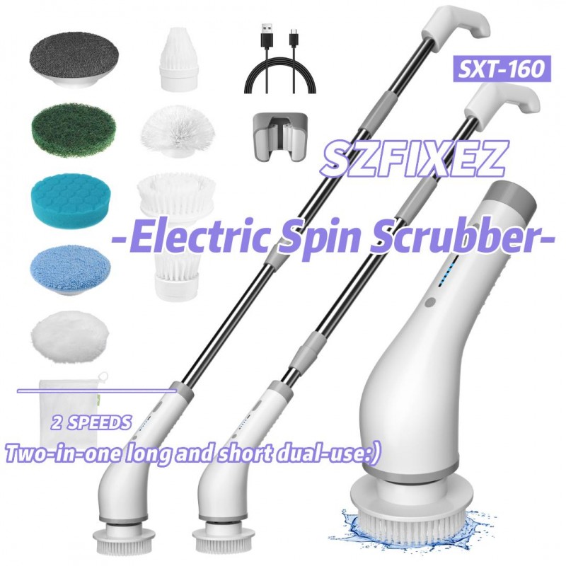 SZFIXEZ 전기 회전 스크러버, 전기 청소 브러시 ​​- 2개 속도, SXT-160 무선 전동 회전 청소기 브러시, 타일, 욕조, 싱크대, 벽, 욕실용 교체 가능한 브러시 헤드 8개를 갖춘 휴대용 샤워기