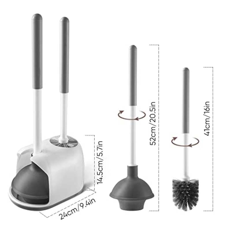Eyliden 변기 플런저 및 브러시, 2 in 1 변기 브러시 플런저 세트(홀더 포함), 욕실 청소 도구 콤보(캐디 스탠드 포함)(흰색)